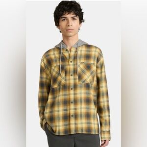 No Boundaries Mens Hooded Flannel Shirt 3XL Oversized Yellow Plaid Shacket NWT